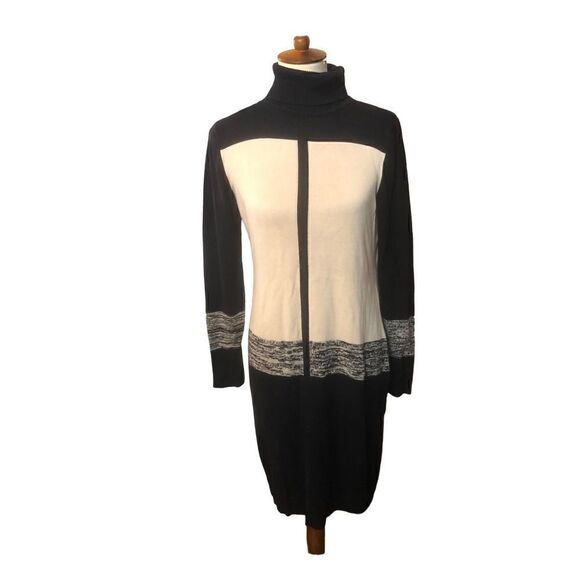Narcisco Rodriguez Colorblock Turtleneck Sweater Dress Black Cream Size Large - Picture 2 of 13